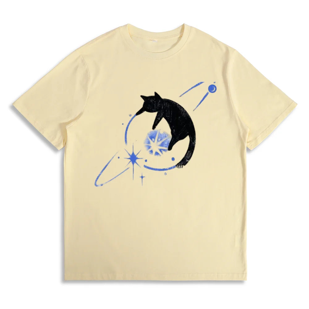 Clothing Summer Cat Print Tee Women Graphic Round Neck Top