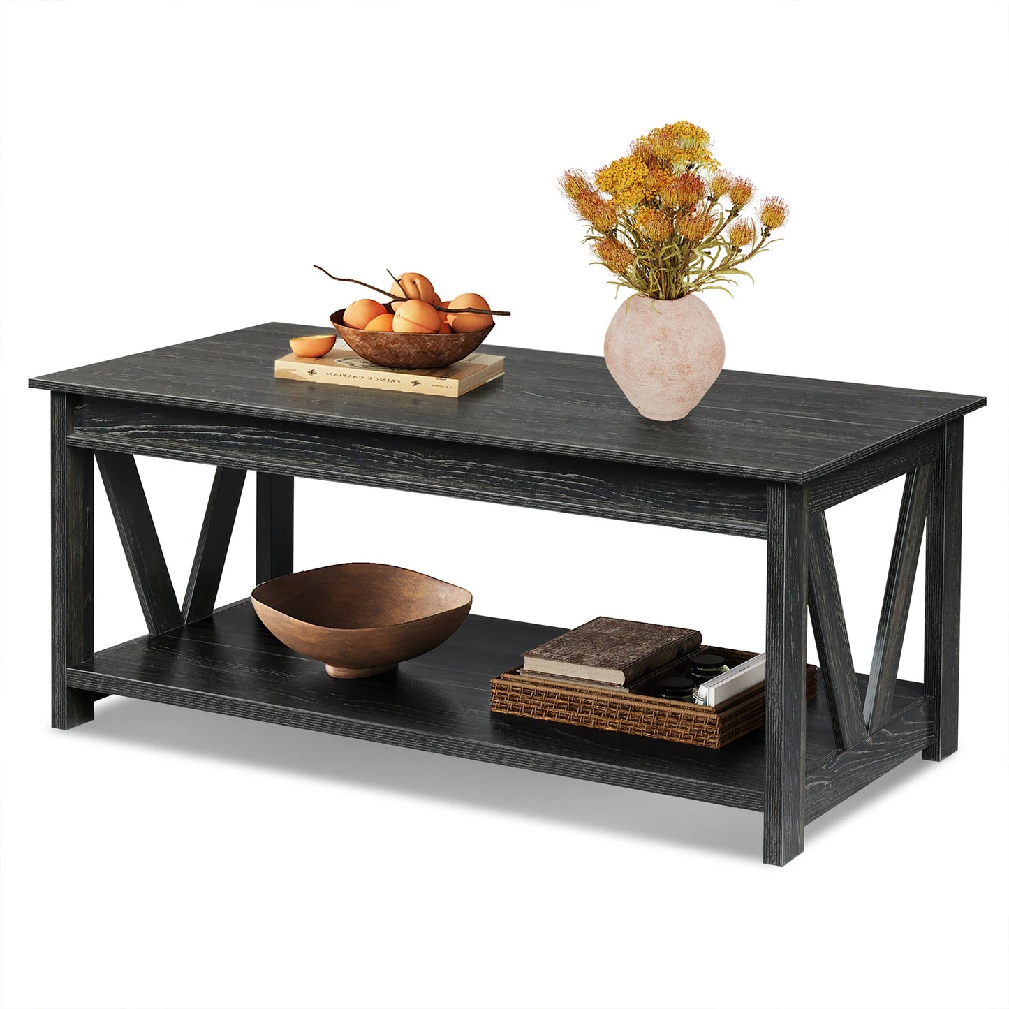 GALAXHERO Wooden Coffee Table With Storage Shelf And V Frame