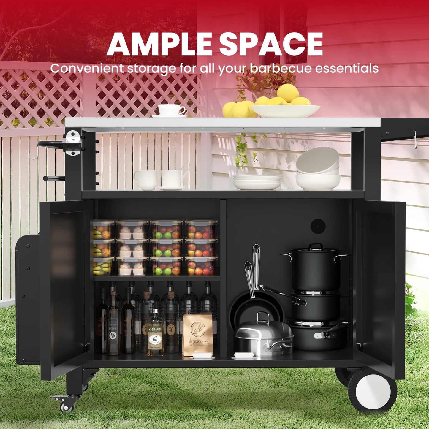 NONECN Outdoor BBQ Serving Cart With Wheels And Hooks