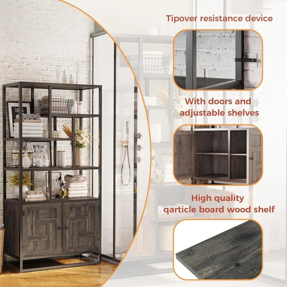 Ironck 6 Tier Tall Bookshelf With Doors Storage Cabinet