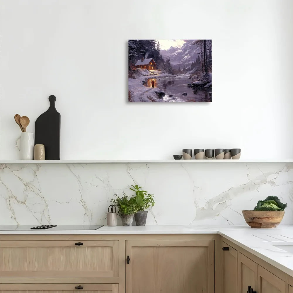 Hign-concerned Winter Cabin River View Wall Mural Decor
