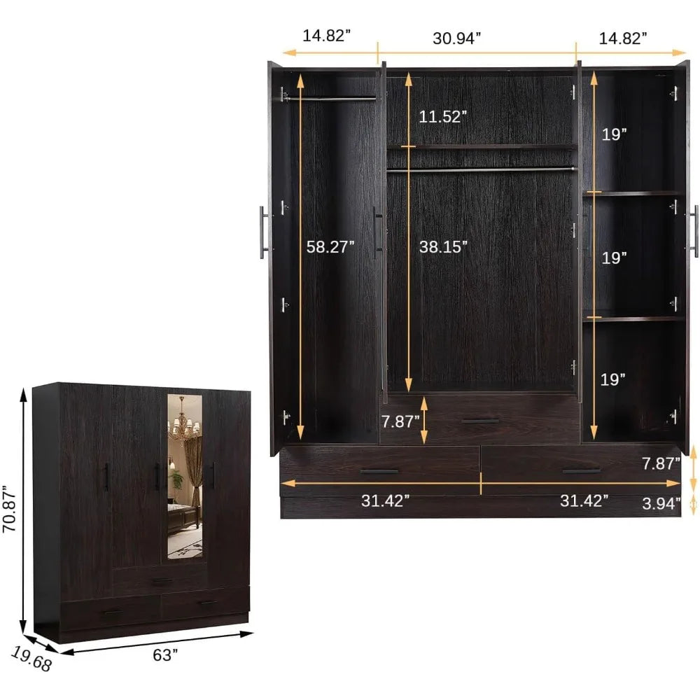 Armoire Wardrobe With 4 Doors 3 Drawers Mirror Hanging Rod