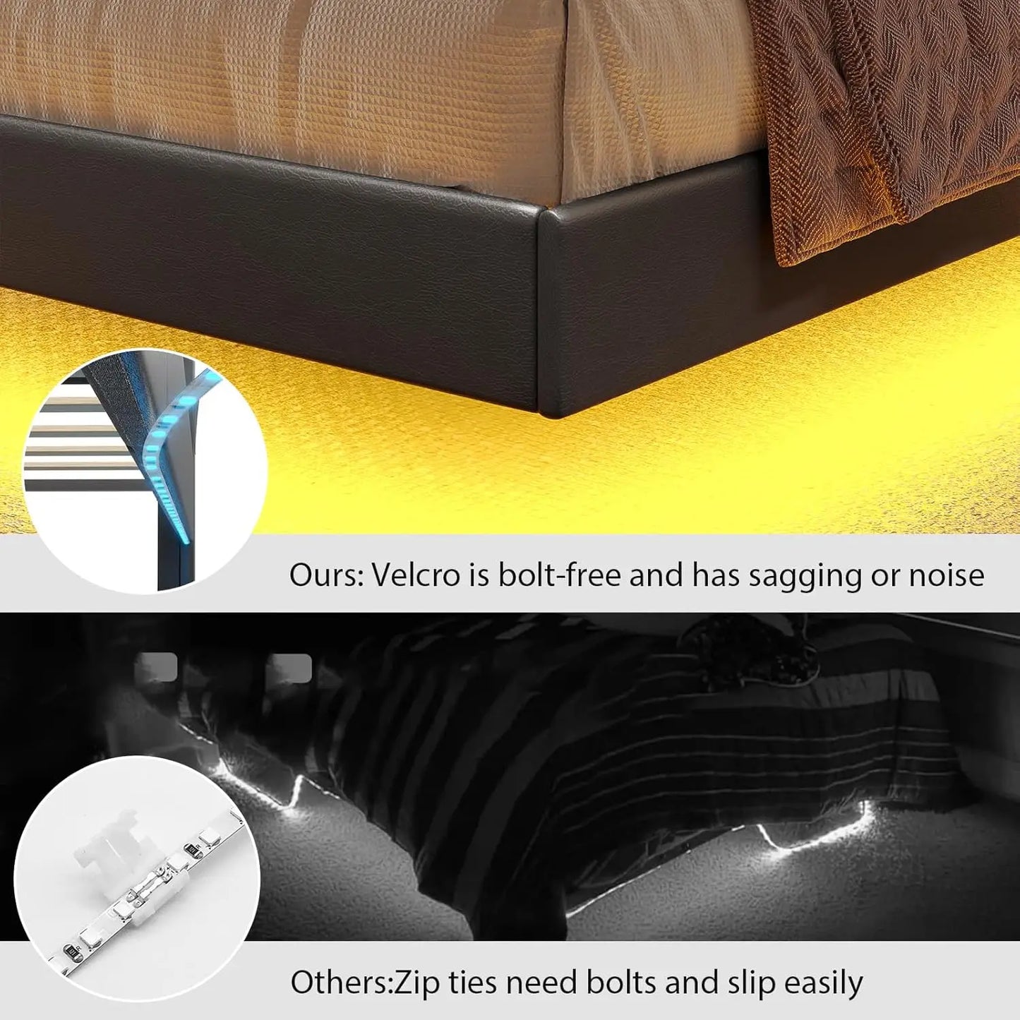 Floating Bed Frame With LED Lights And Storage Headboard