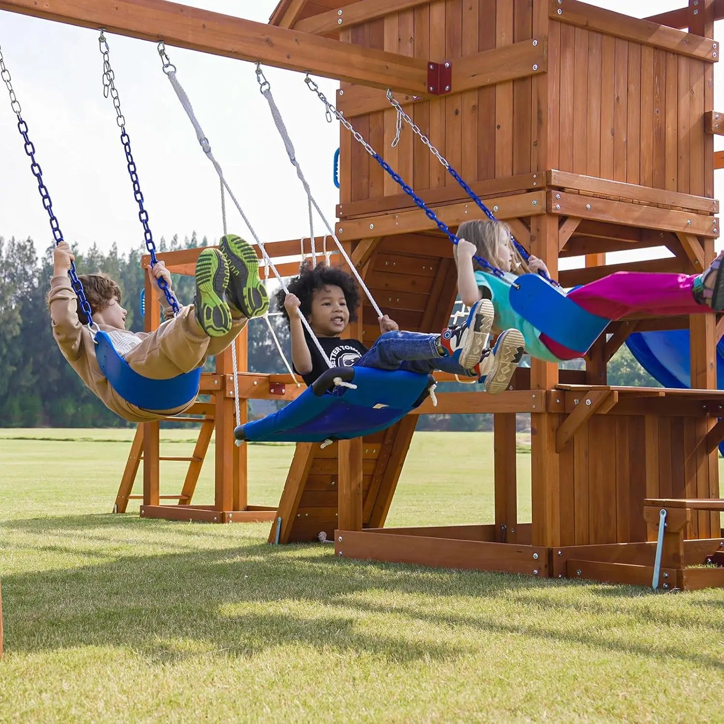 Wooden Backyard Swing Set With Plank Bridge And Monkey Bar