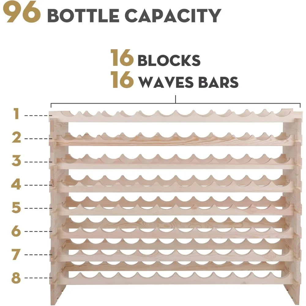 Wooden 96 Bottles Stackable 8 Tier Wine Rack Freestanding