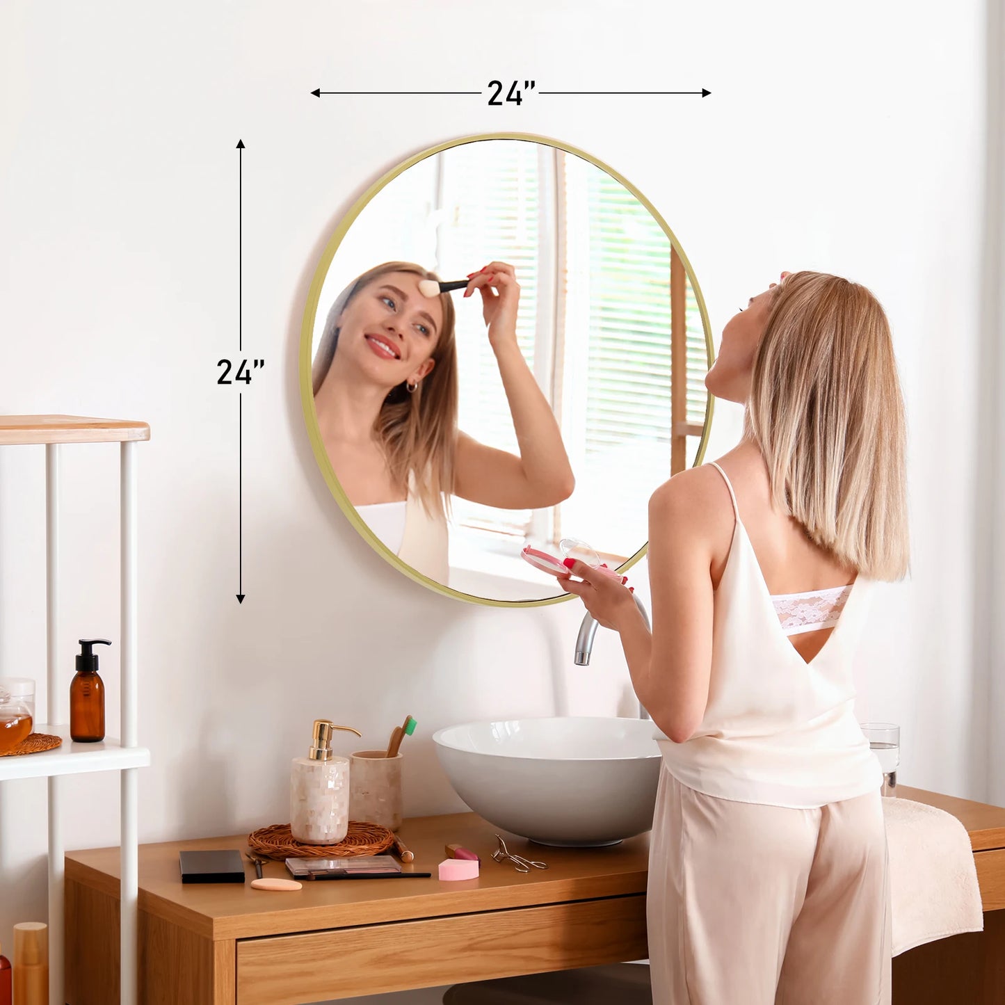JHK Round Vanity Framed Mirror Tempered Glass Matte Metal Frame
