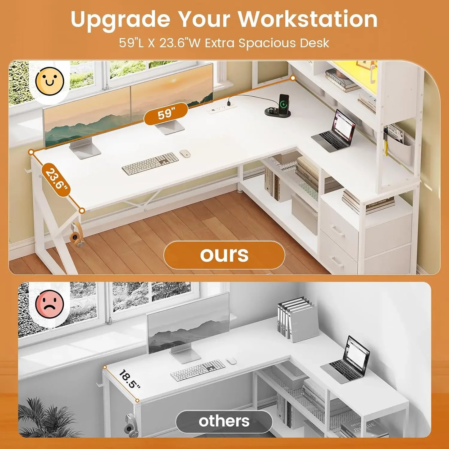 General Use L Shaped Gaming Desk With 2 Drawers Bookshelf