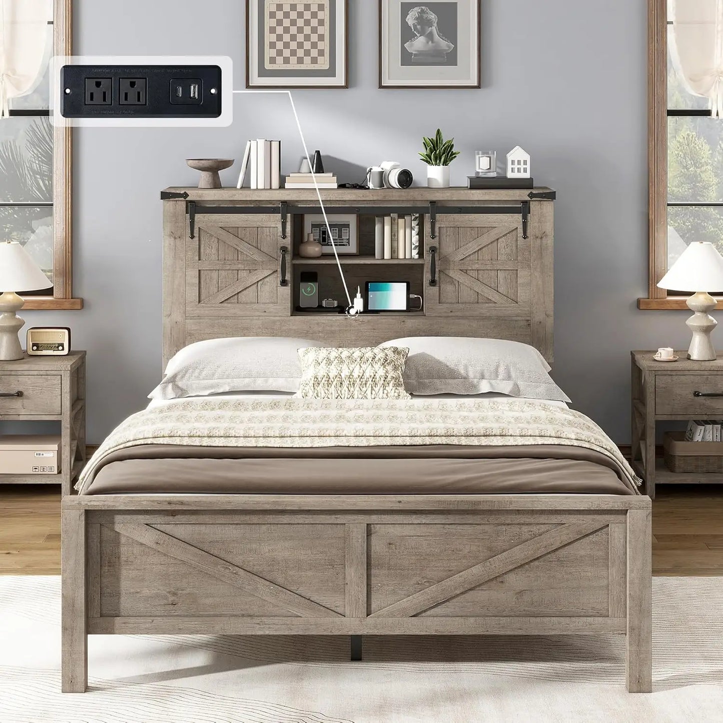 Full Storage Bed Frame With Charging Station And Bookcase