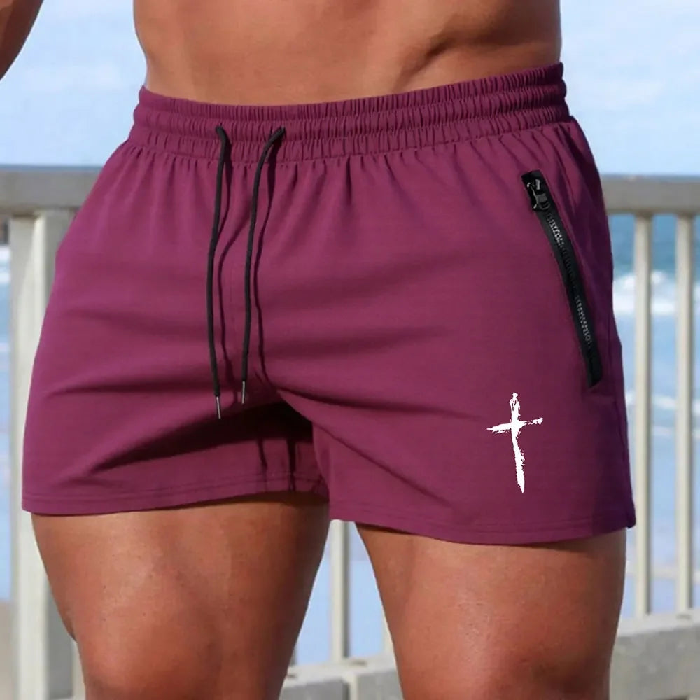 CN Men Cross Print Beach Shorts Quick Dry Zipper Pockets