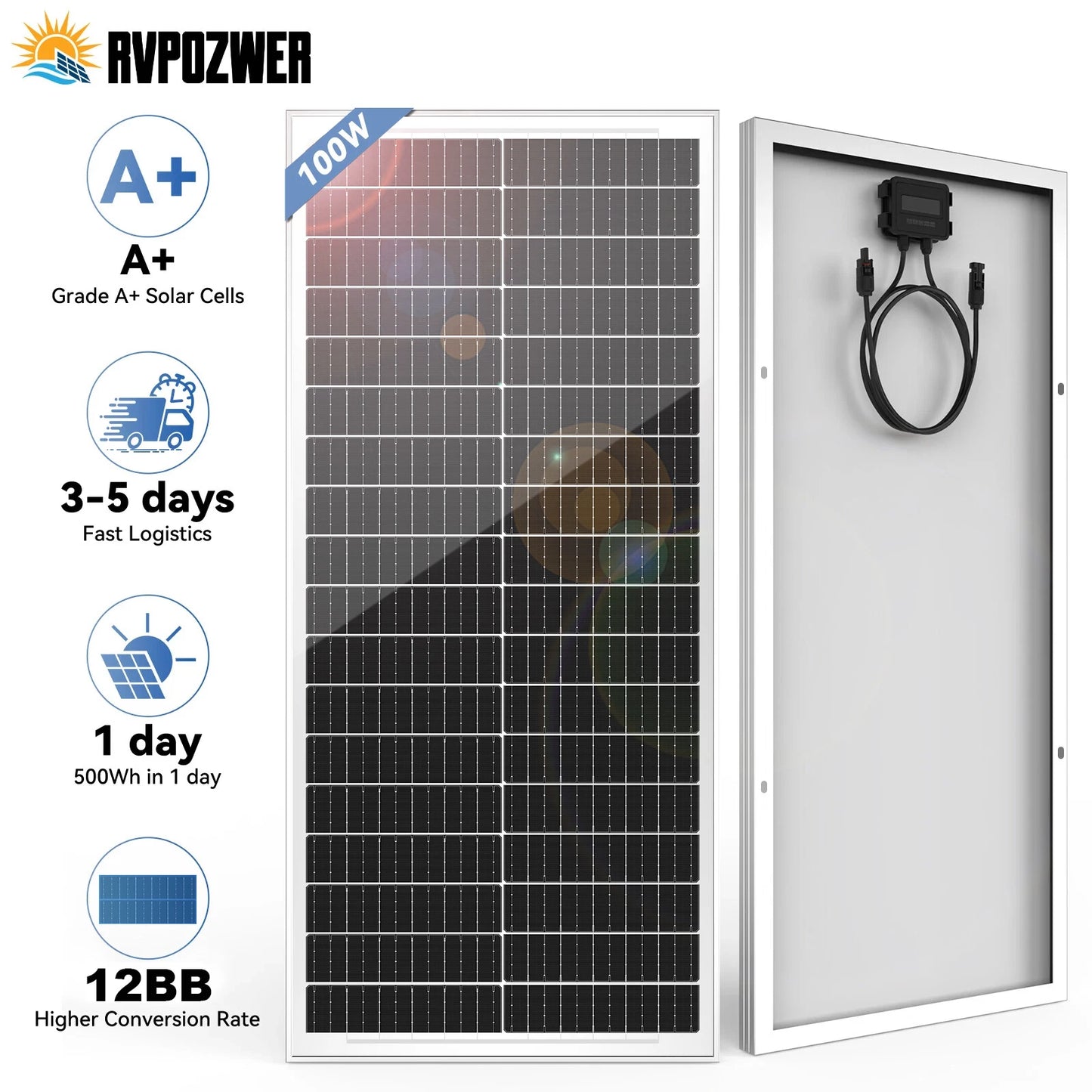 Rvpozwer 12.8V 100W Monocrystalline Solar Panel For RV Waterproof