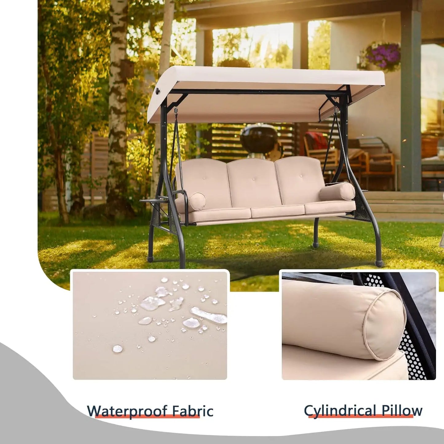XMSJ Patio 3 Seat Outdoor Swing With Adjustable Canopy