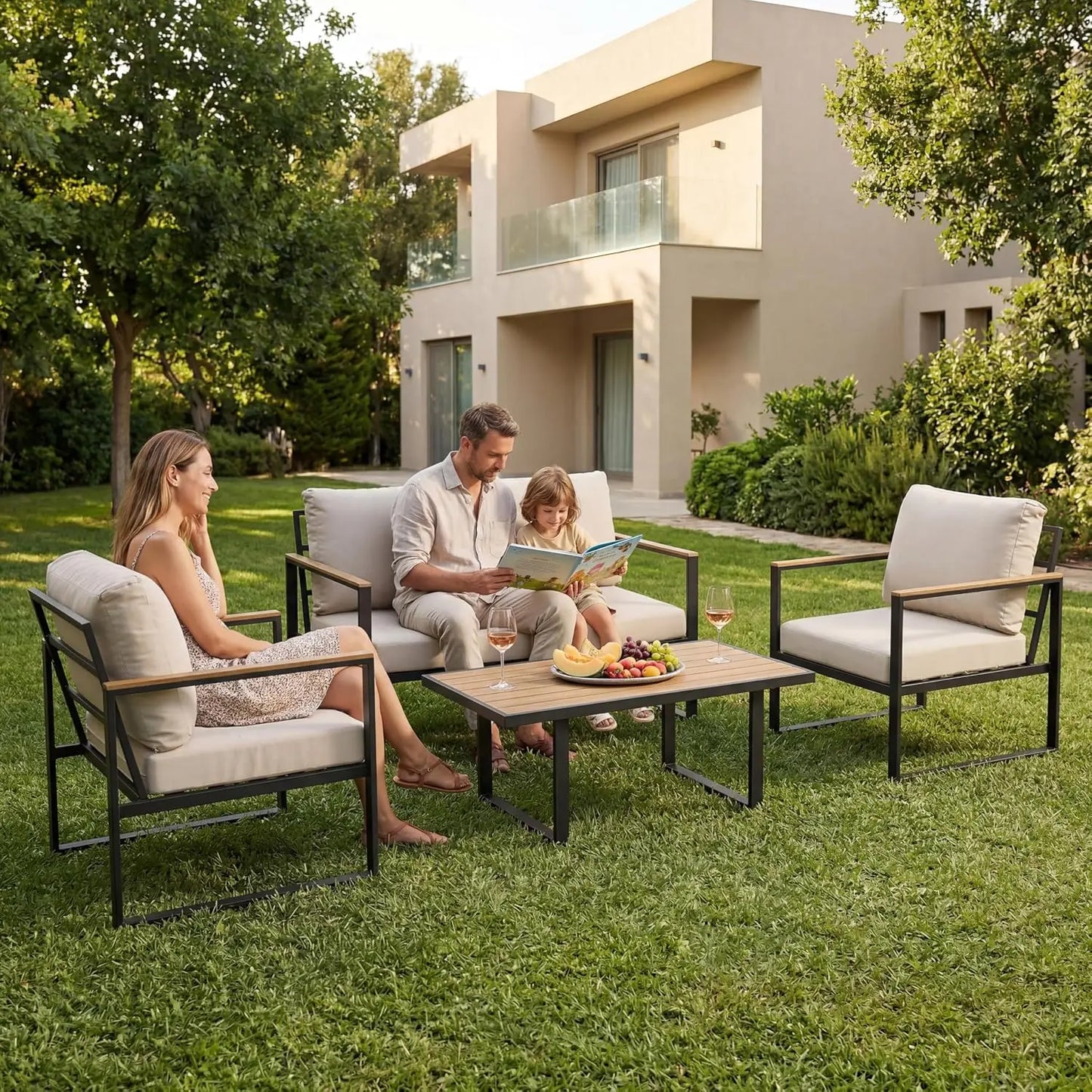Aluminum 4-Piece Patio Conversation Set With Coffee Table Sponge Cushions