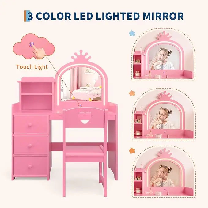 HiMISS Kids Vanity With Lighting 2 In 1 Makeup Desk