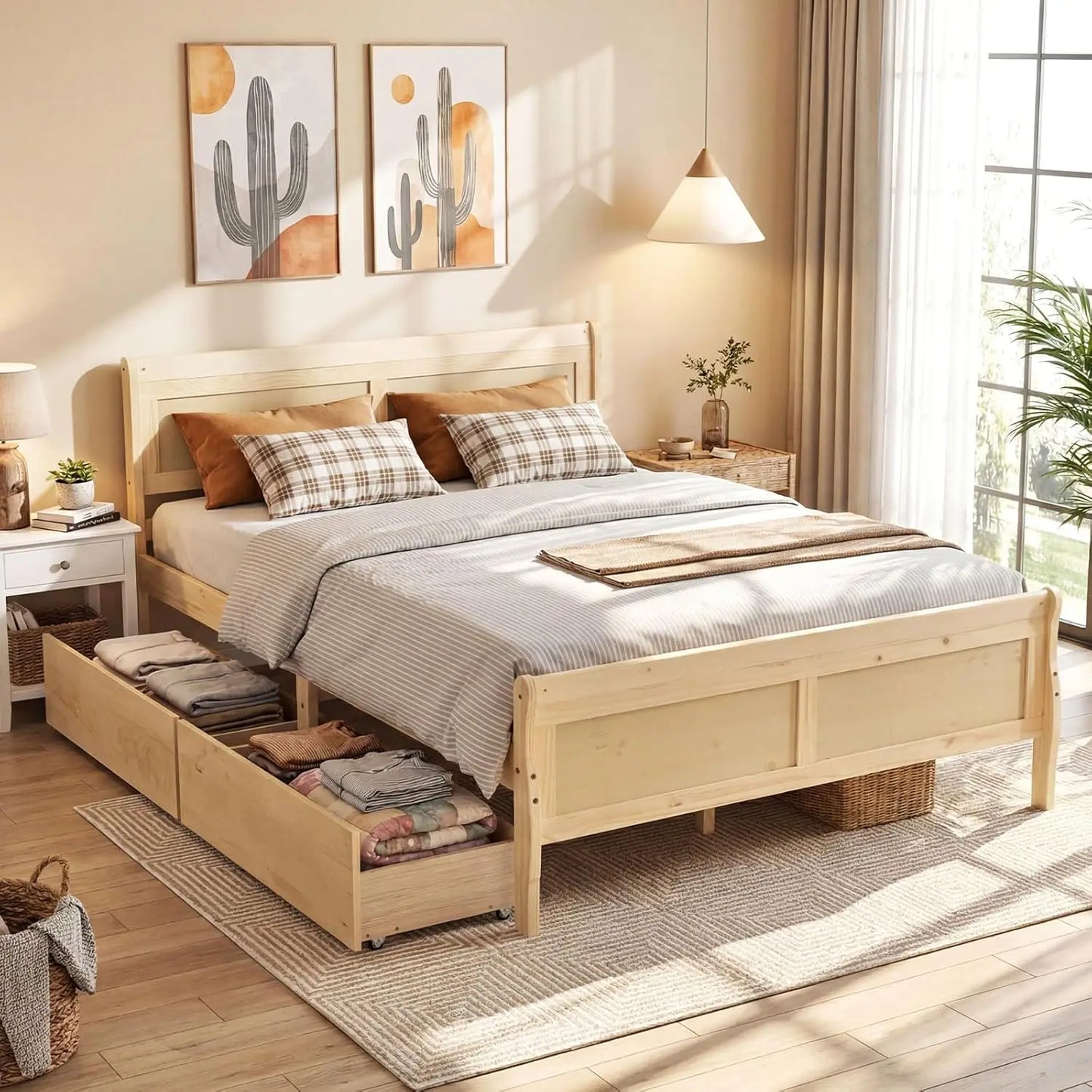 Queen Storage Bed Frame With Wood Headboard Footboard Drawers Slats