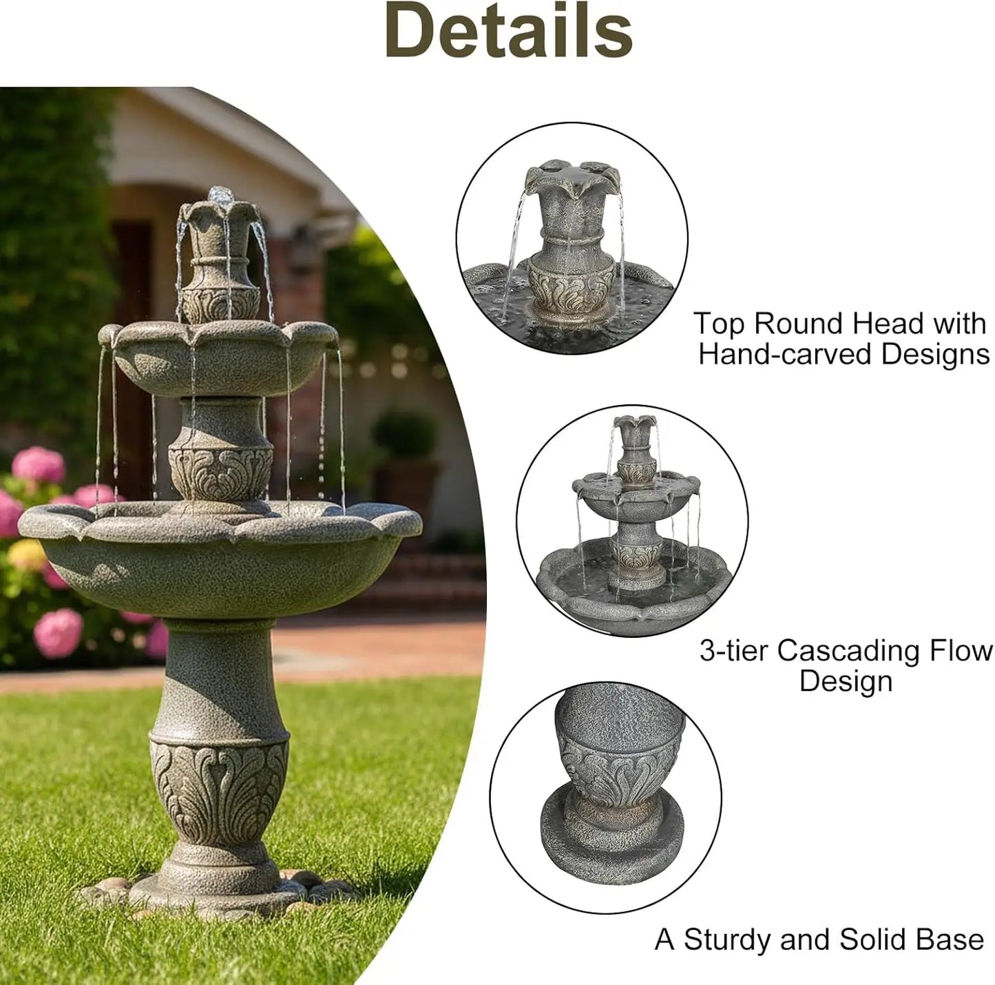 Outdoor Water Fountain 3 Tier Cascading Fiber Reinforced Concrete