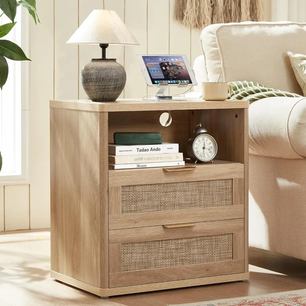 MKDK Rattan Nightstands Set Of 2 With Charger Station