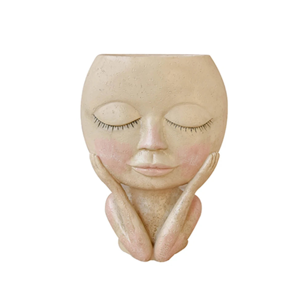 Flower Pot Girl Face Head Figurine Decor For Garden Pots