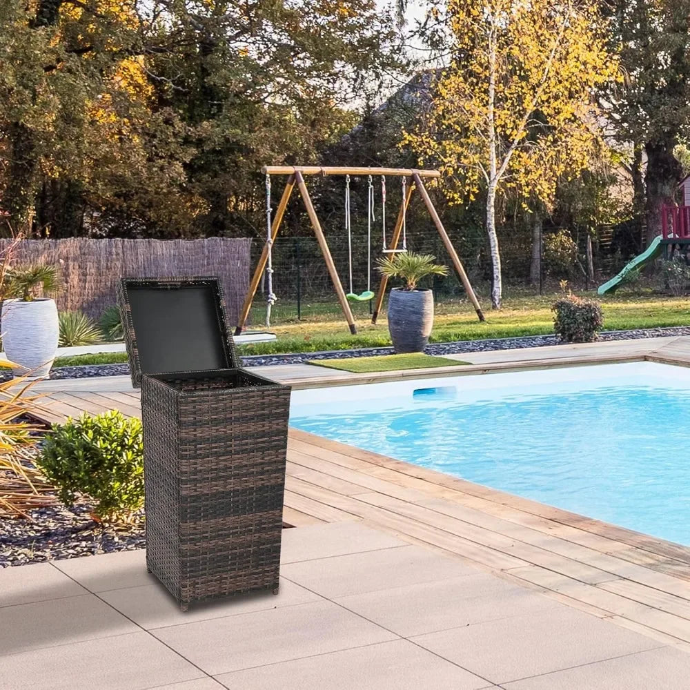 Outdoor Rattan Trash Can With Lid And Metal Frame Durable