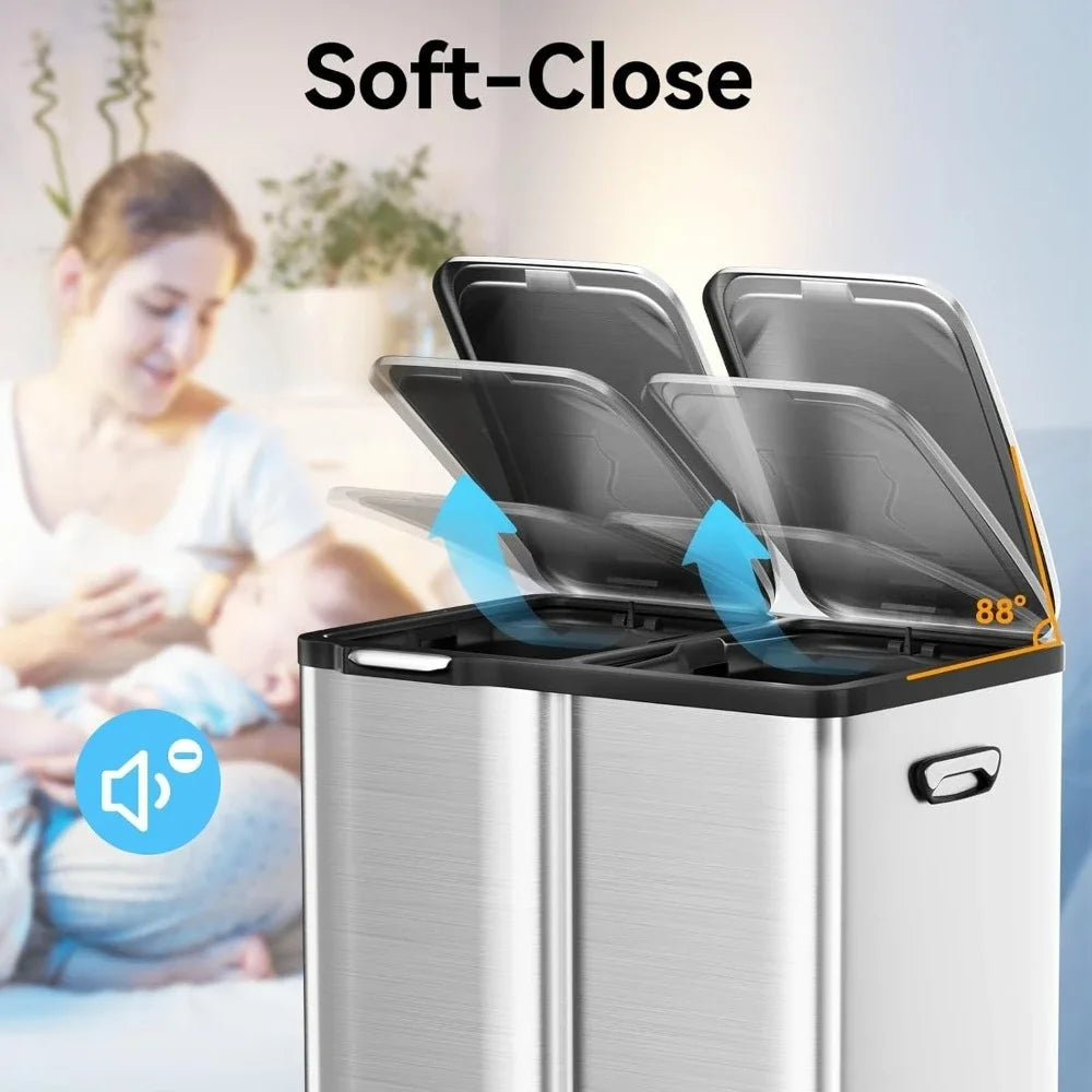 Dual Trash Bins Kitchen Recycling Can With Soft Close Lid