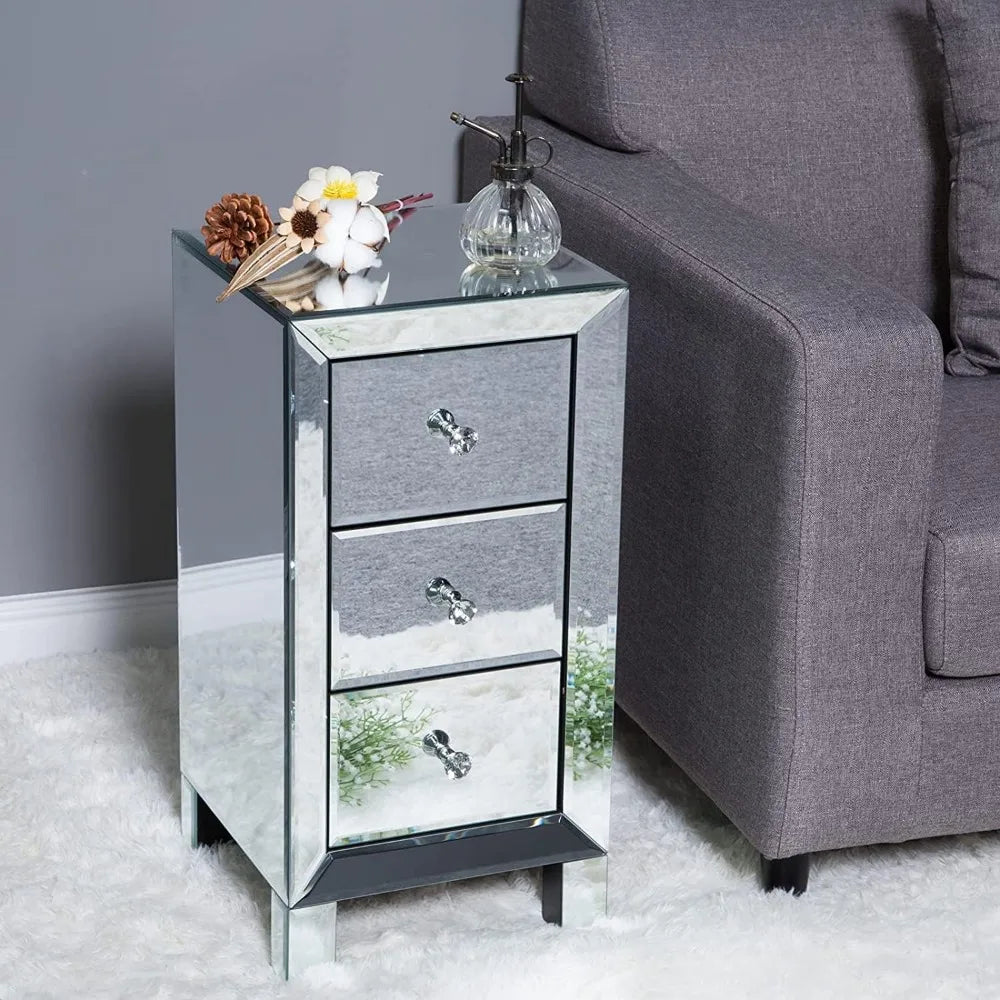 Mirrored Nightstand Set Of 2 With 3 Drawers For Bedroom