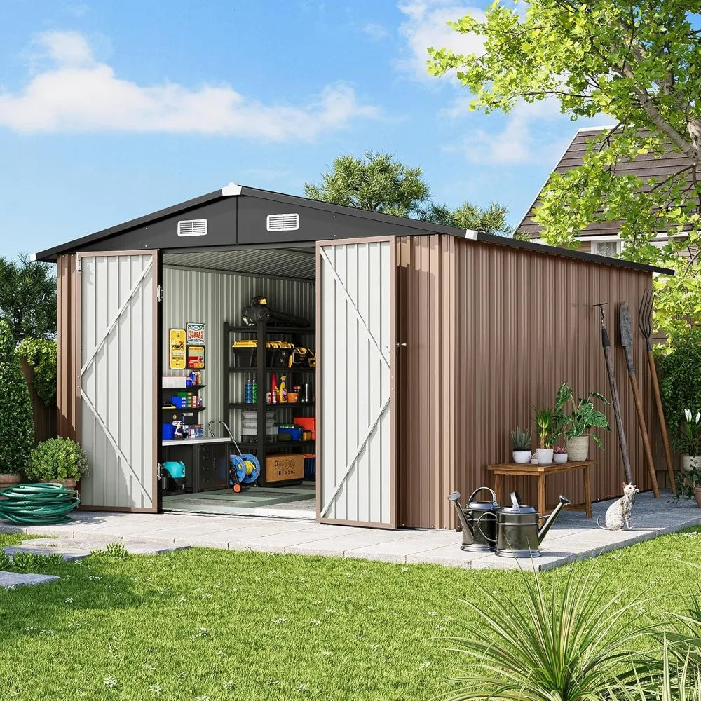 Outdoor Storage Shed Galvanized Metal With Lockable Double Doors
