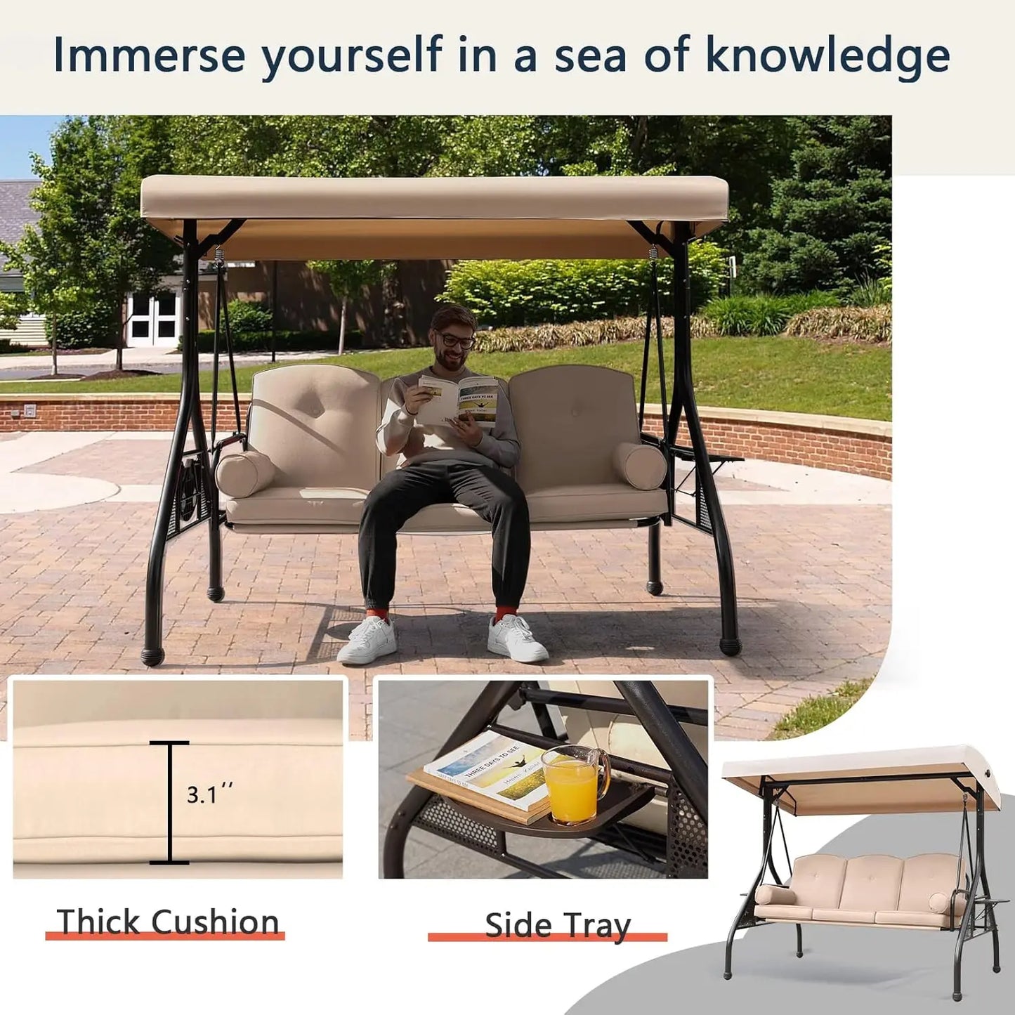 XMSJ Patio 3 Seat Outdoor Swing With Adjustable Canopy