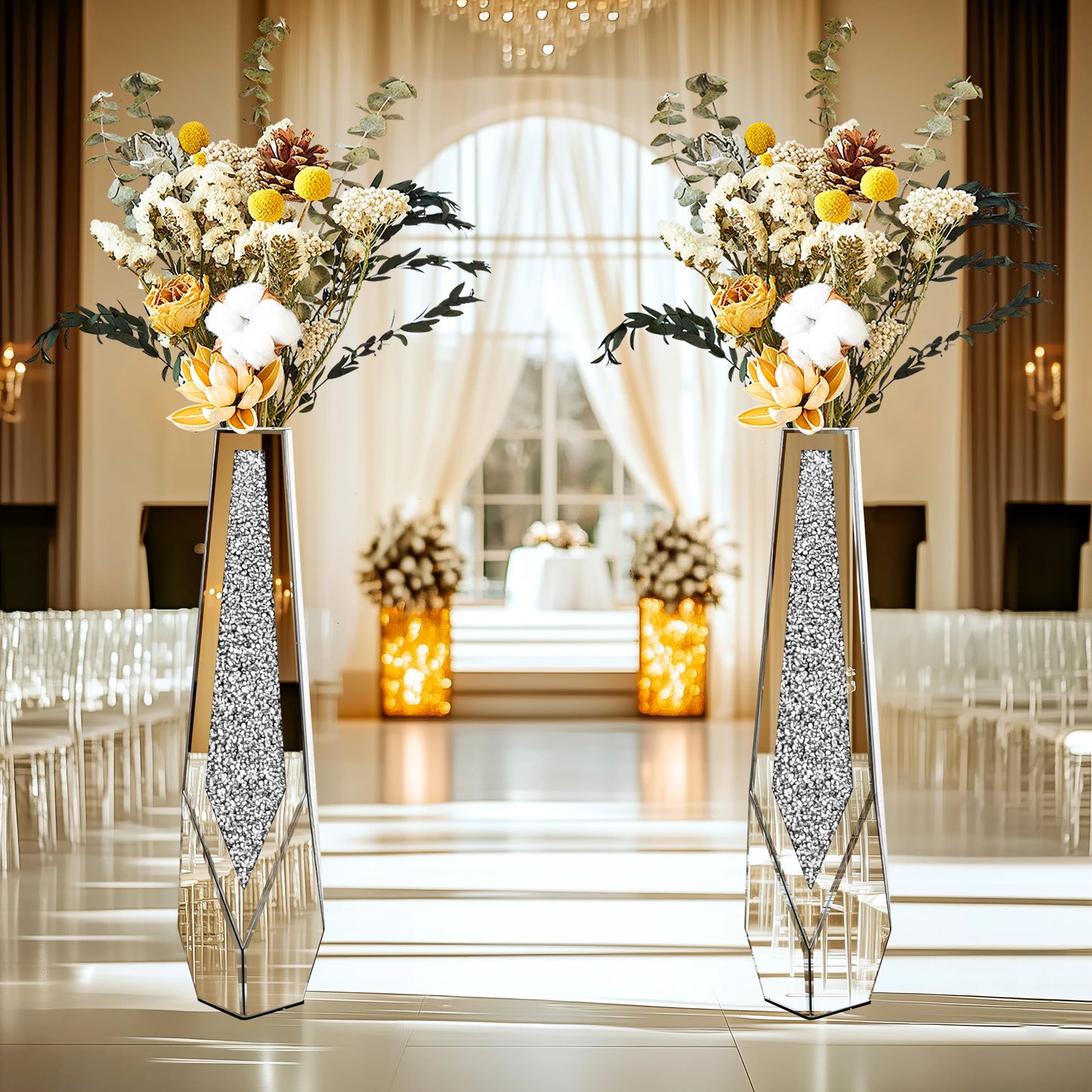 Function Tall Floor Mirror Vase With Crushed Diamond Glass