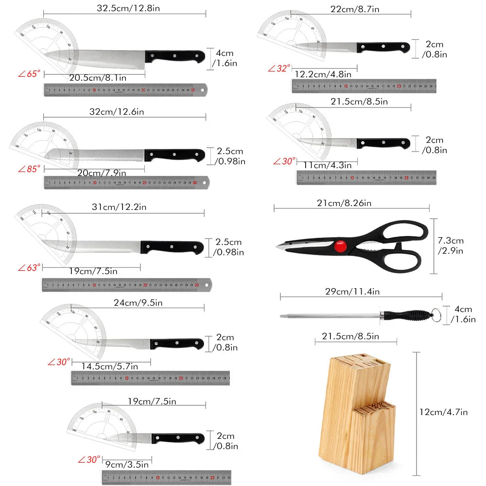 ZENG Kitchen Knife Set 15pcs With Solid Wood Holder
