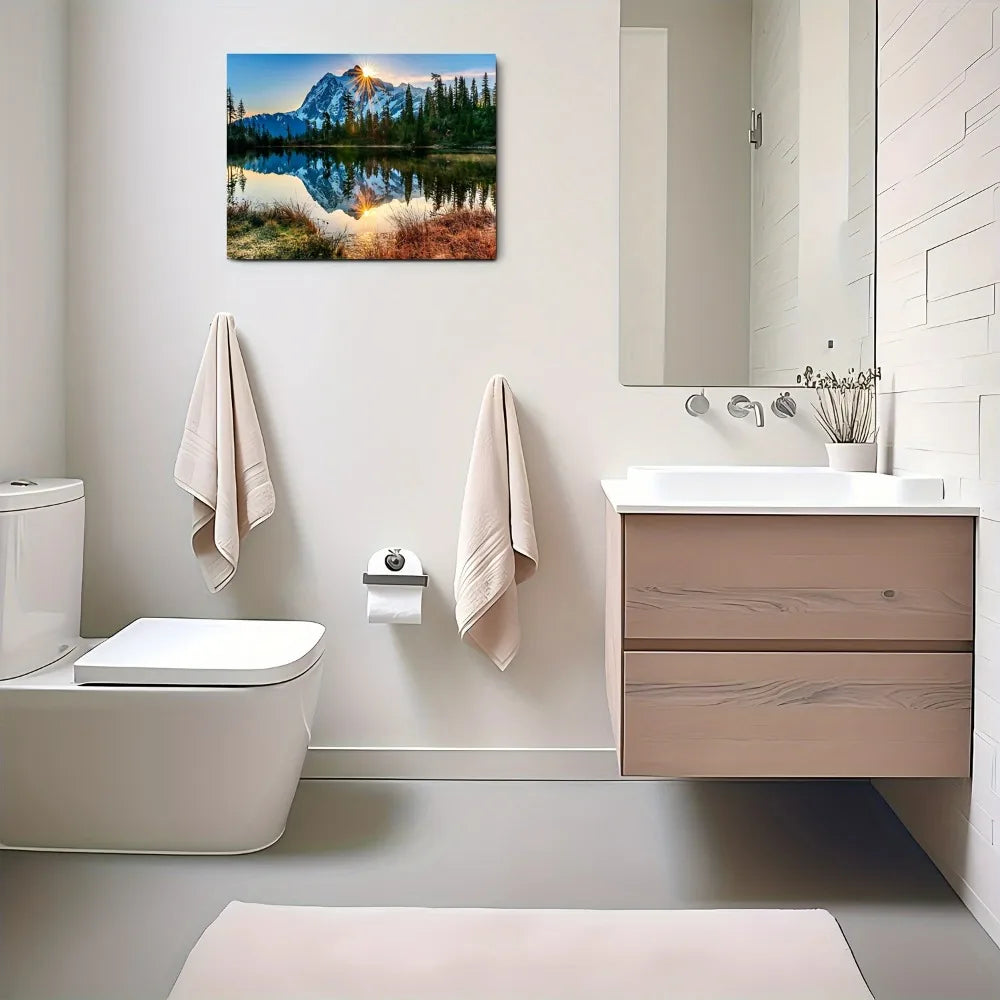 Hign-concerned Sunrise Mountain Wood Frame Wall Art Fabric