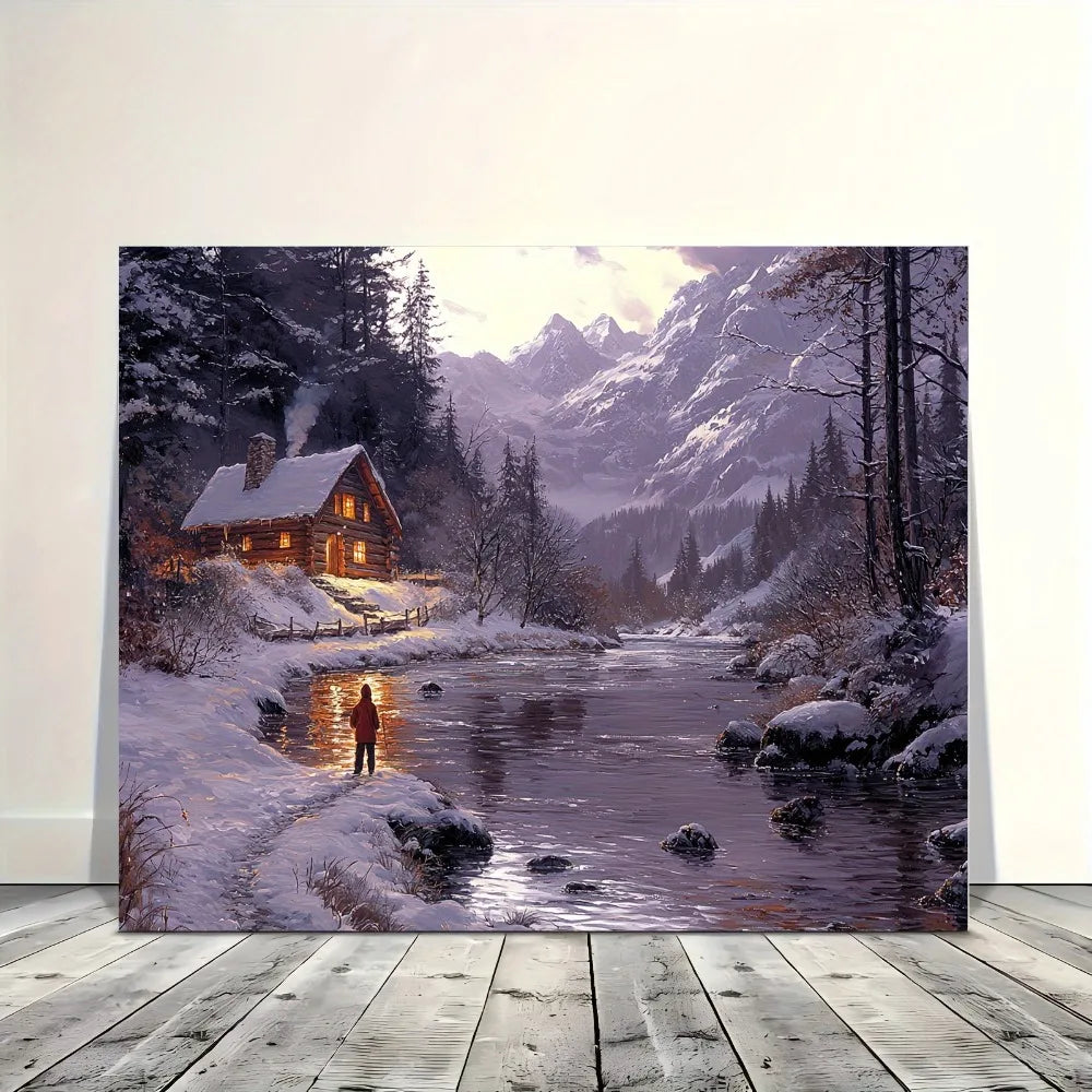 Hign-concerned Winter Cabin River View Wall Mural Decor