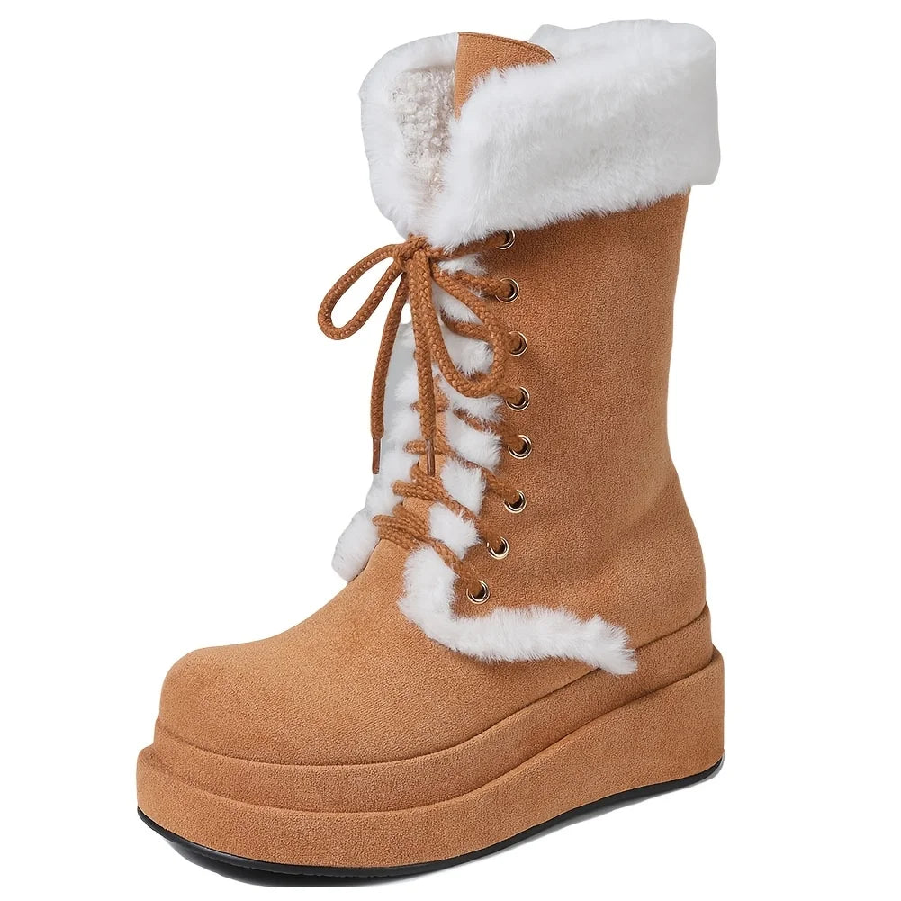Women Winter Faux Fur Mid Calf Snow Boots Platform Wedges