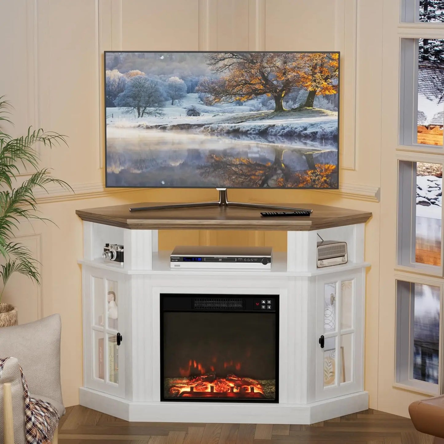 Modern Corner Fireplace TV Stand Entertainment Center With Electric Fireplace