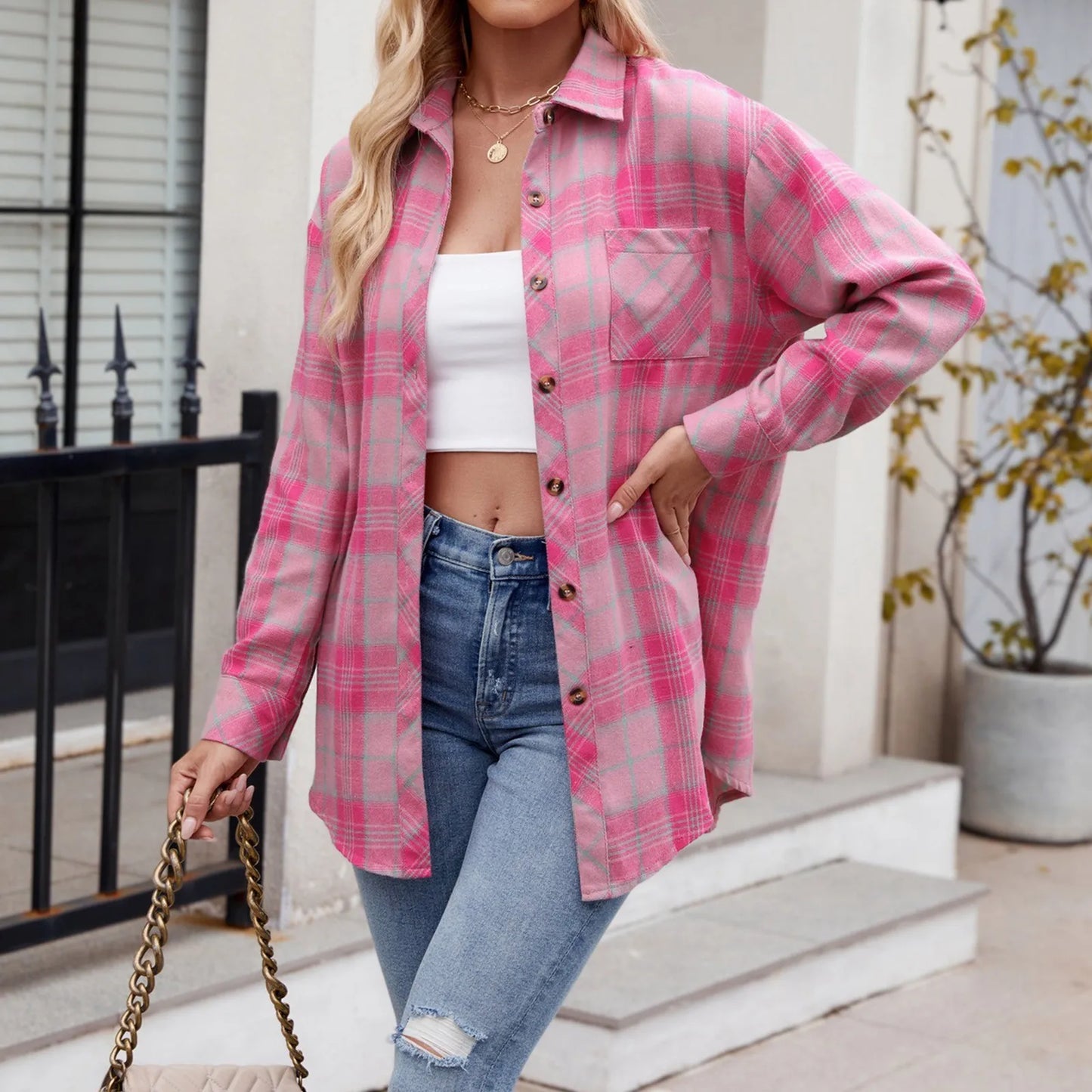 Guangdong CN Womens V Neck Flannel Plaid Button Down Shirt
