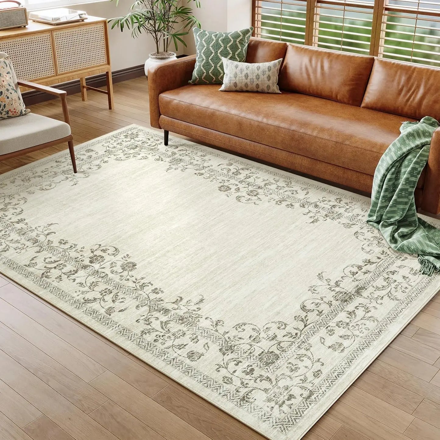 HiMIS Washable Area Rug Floral Border for Living Room
