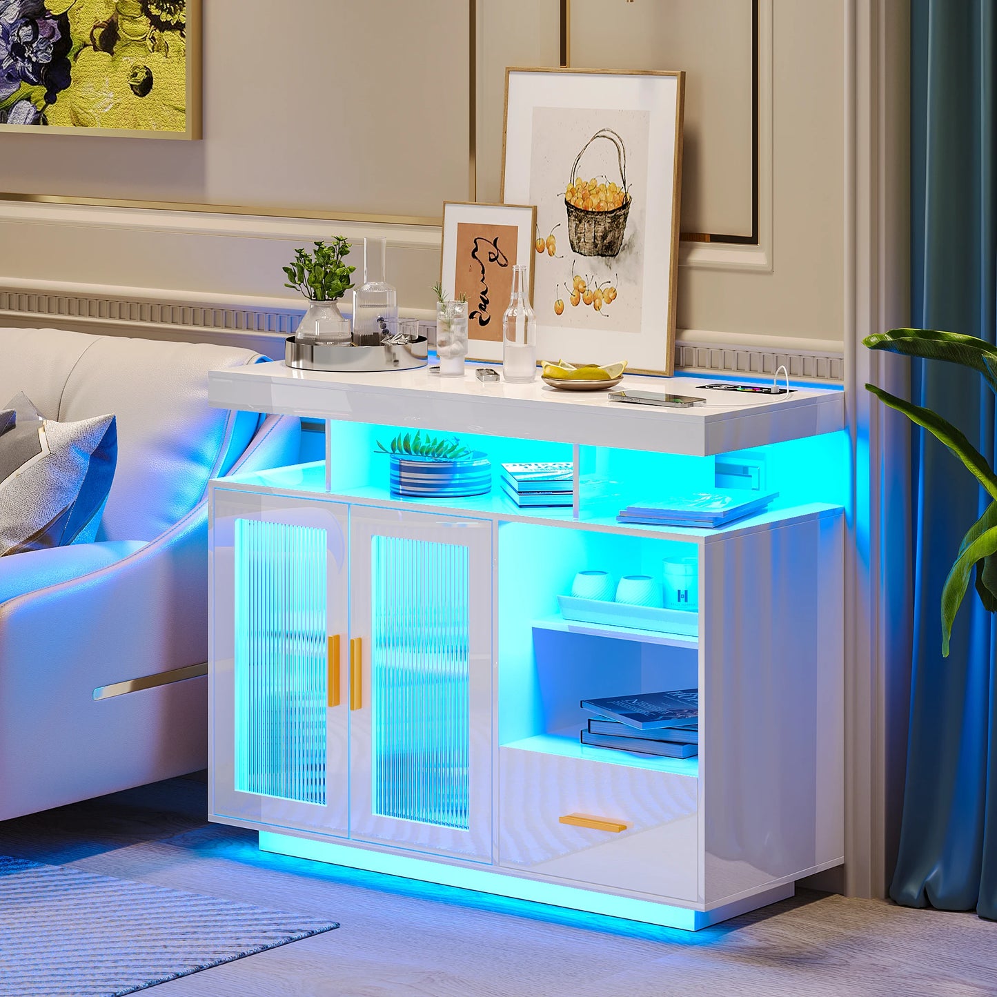 JDPAG LED Sideboard Buffet Cabinet With Storage And Charging Station