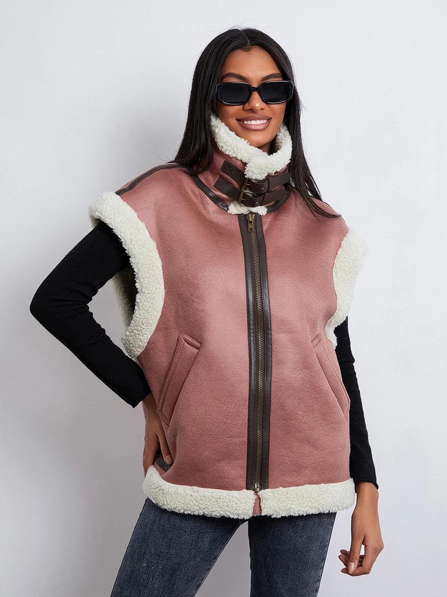 Meihuida Ladies Cozy Faux Fur Vest Quilted High Neck Coat