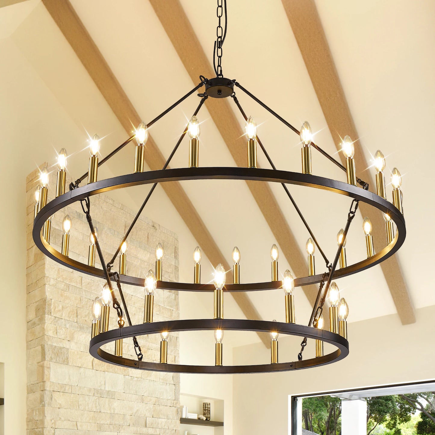 Farmhouse Wagon Wheel Chandelier Two Tier 36 Lights