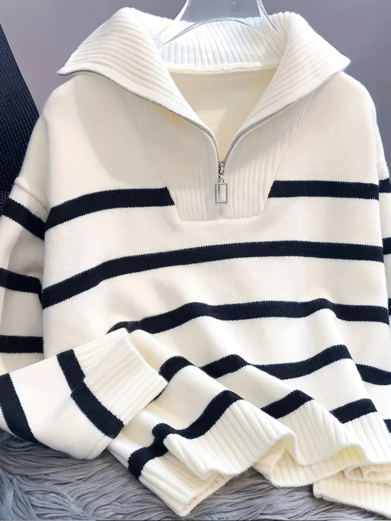 CakuloCN Autumn Winter Knit Striped Zipper Women's Pullover Sweater