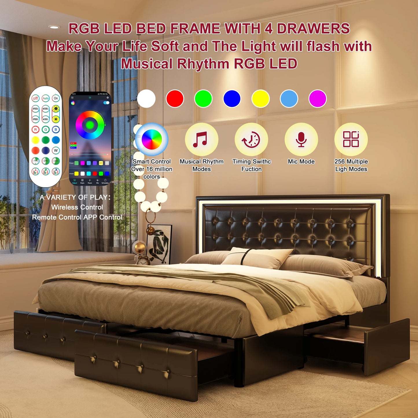 GEGOFORU Queen LED Bed Frame With 4 Storage Drawers Headboard