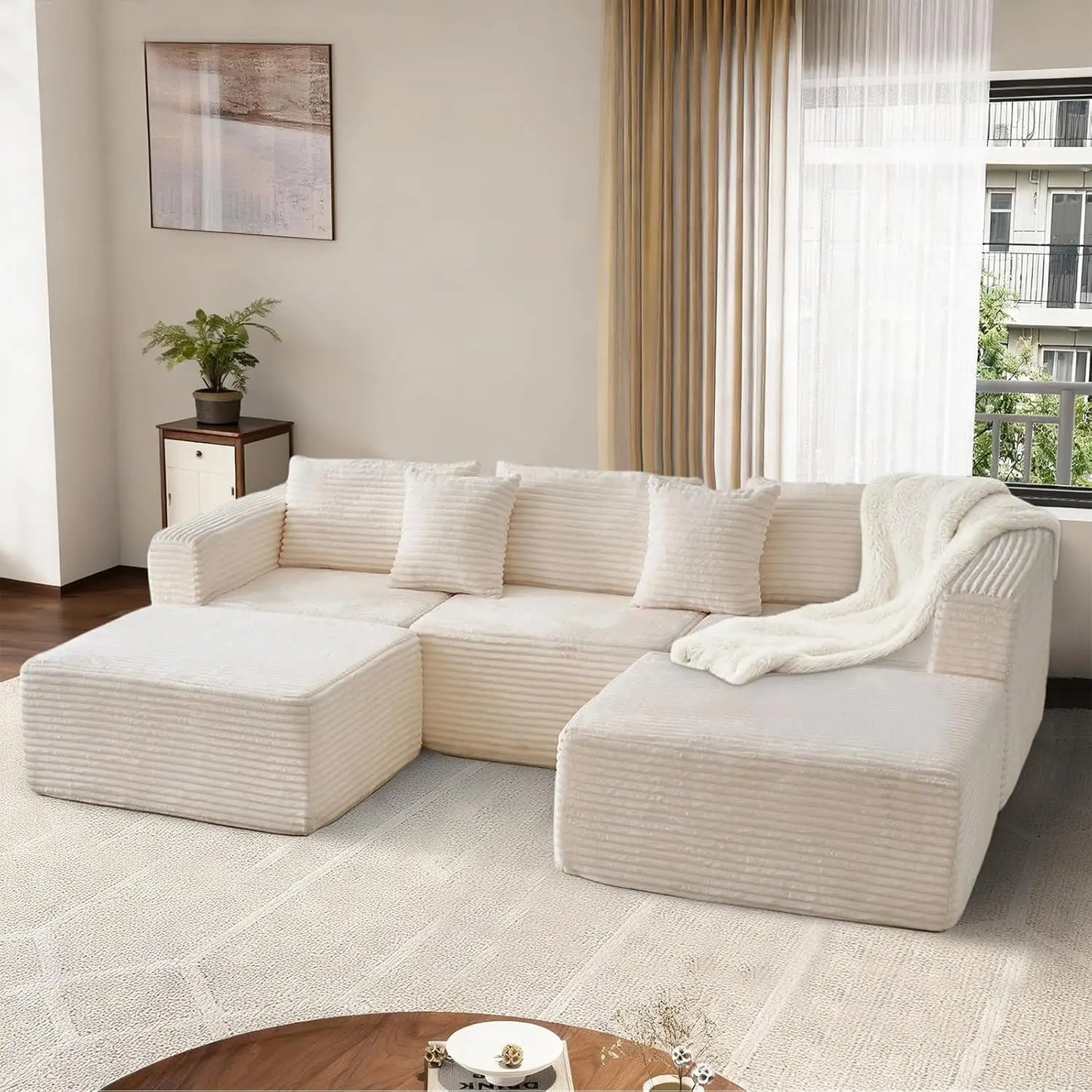 Corduroy U Shaped Modular Sofa With Two Ottomans Memory Foam