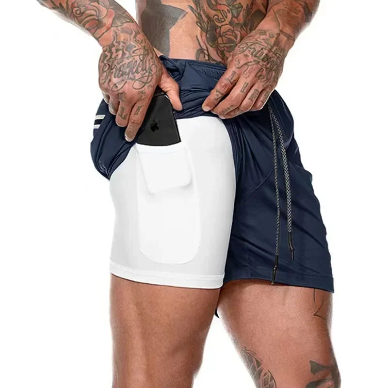 Double Layer Fitness Shorts For Men Quick Dry Training
