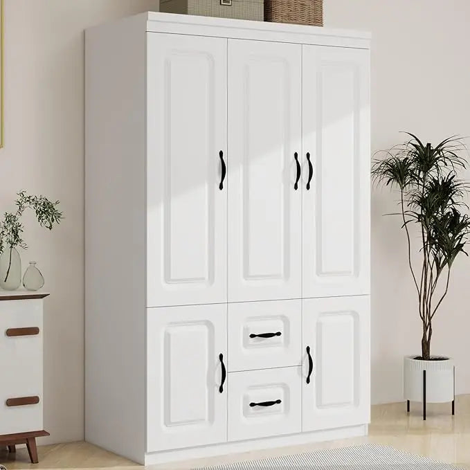 Armoire Wardrobe With 4 Doors 3 Drawers Mirror Hanging Rod