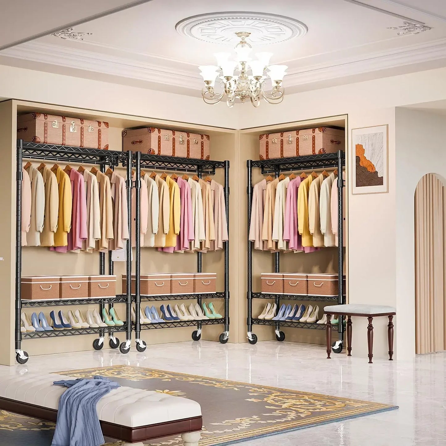 XMSJ Heavy Duty Rolling Garment Rack With 3 Tiers Rods