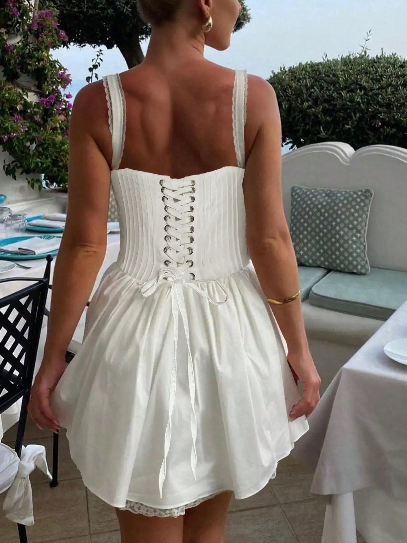 Sweetheart Neck Sleeveless Tie Front Lace Trim Mini Dress