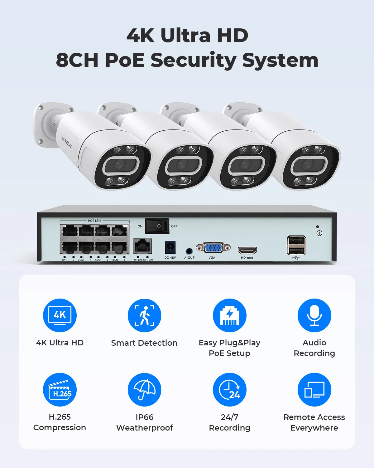 H.VIEW 4K 8CH POE CCTV Security Camera System NVR Kit XMEye