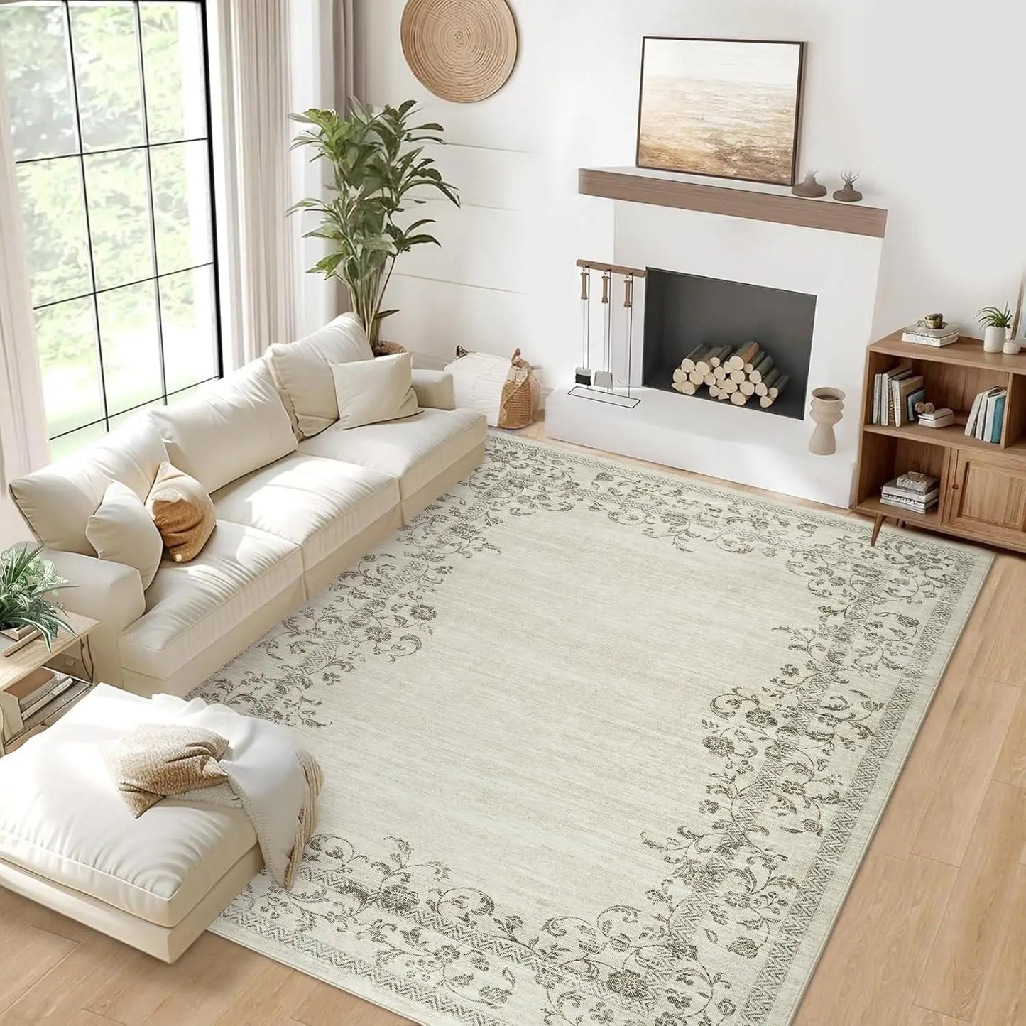 HiMIS Washable Area Rug Floral Border for Living Room