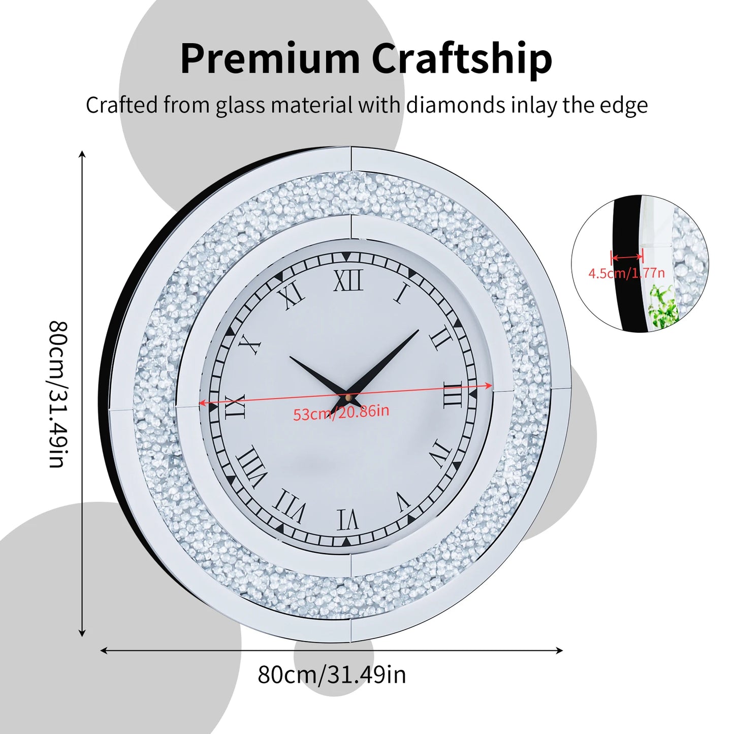 Combination Bling Silver Round Mirror Clock Glam Home Decor