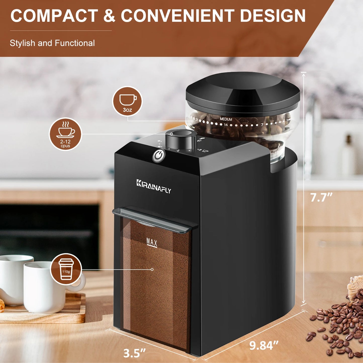 KIRAINAFLY Automatic Burr Mill Coffee Grinder Espresso