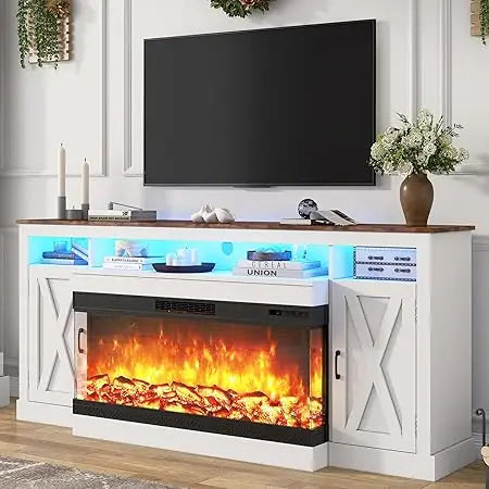Farmhouse TV Stand With Glass Fireplace LED Entertainment Center