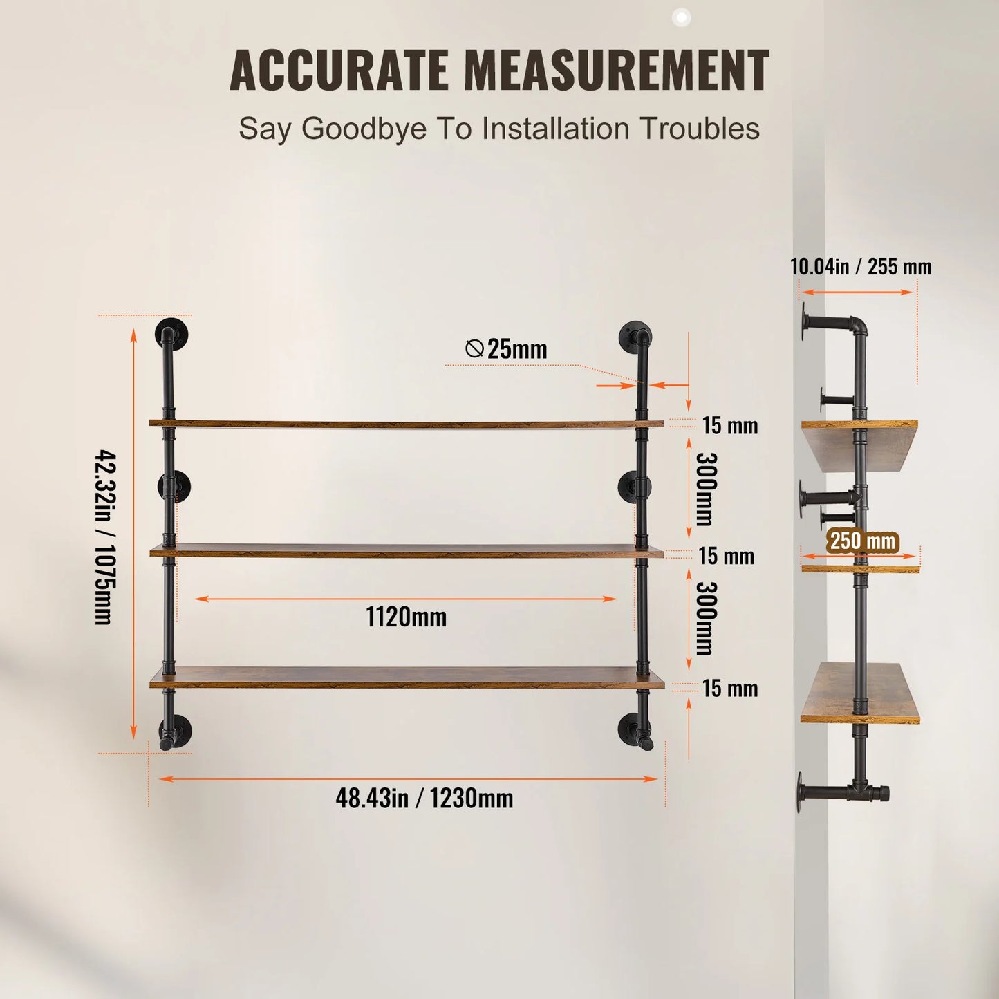 SucceBuy Industrial Pipe Shelving Wall Mount Wood Shelves